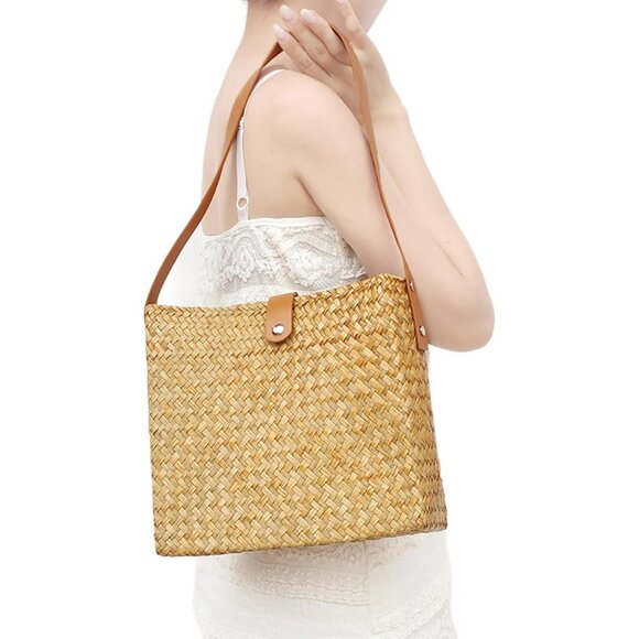 Yellow Straw Beach Tote Bag for Women, Natural Woven Handbag Small Summer Purse - Picture 2 of 7